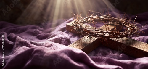 Crown of Thorns and Wooden Cross on Purple Cloth with Sun Rays, Representing Easter Story and Christian Faith