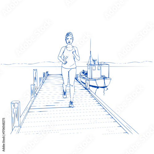 Morning jog at dawn - Young woman jogging on a pier near a fishing boat at sea  