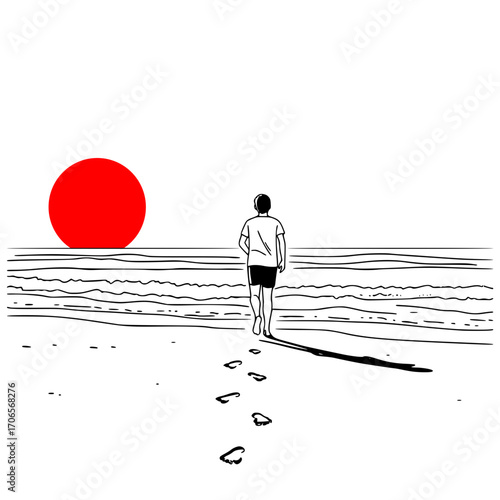 Man walking on beach at sunset with red sun in background  
