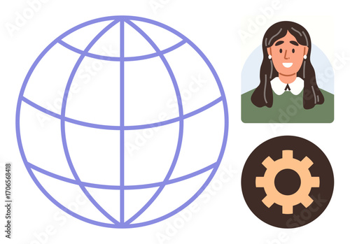 Globe emphasizes global reach, woman represents individuals, gear conveys technology and process. Ideal for teamwork, diversity, innovation, networking, global business education technology. Simple