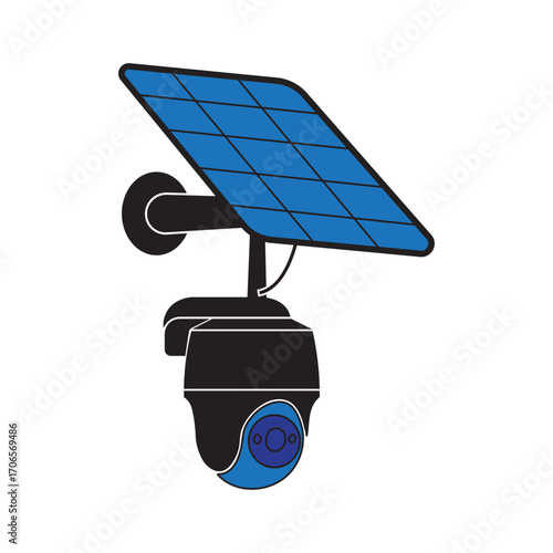 Smart solar-powered CCTV security camera with blue panel, designed for wireless surveillance, eco-friendly energy use, and modern safety solutions, isolated on white background.