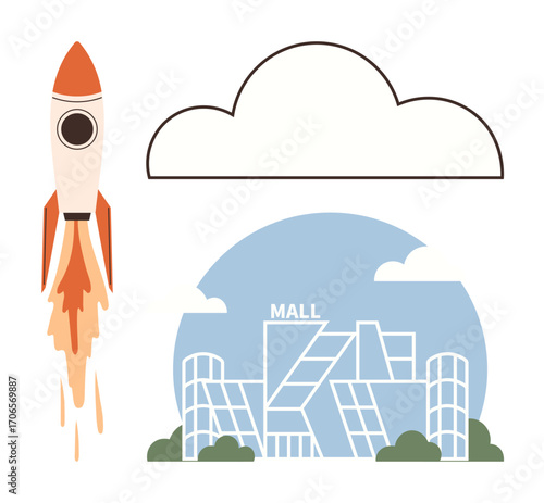 Rocket soaring into the sky near contemporary mall structure under a cloud. Ideal for progress, innovation, technology, future, business growth, retail transformation, imagination. Simple flat