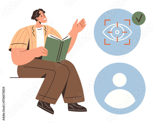 Man sitting while reading a book, gesturing thoughtfully. Eye focus icon with a check mark and profile graphic. Ideal for education, focus, self-improvement, reading, learning, identity personal