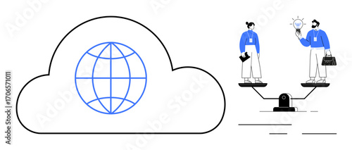 Large cloud with a globe inside, representing global connectivity, paired with two professionals on a balance scale sharing ideas. Ideal for teamwork, cloud services, equality, globalization