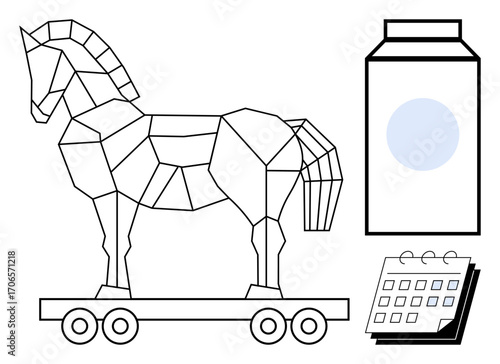 Geometric Trojan horse on wheels next to milk carton and calendar. Ideal for strategy, planning, deception, technology, events, design, or concepts. Simple flat metaphor