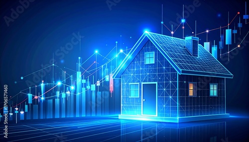 Futuristic digital house with glowing lines and financial charts