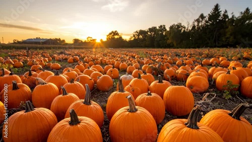Vibrant orange pumpkins abundant in a field ready for harvest at golden hour during the autumn season creating a stunning autumnal landscape