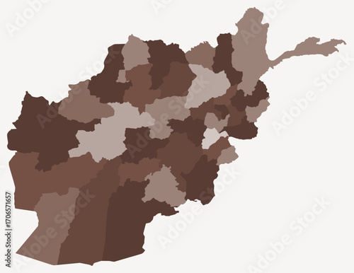Map of Afghanistan with regions. Just a simple country border map with region division. Brown color palette. Blank Afghanistan shape with administrative division. Vector illustration.