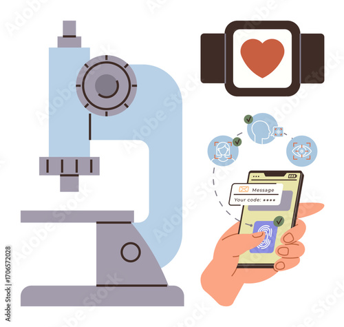 Microscope, wearable watch with heart display, smartphone with fingerprint scanner, and scientific concept icons. Ideal for health, tech innovation, research, biometrics, fitness connectivity