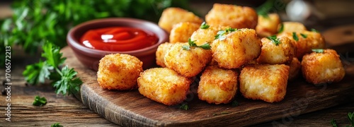 Golden-brown potato croquettes served on a vintage wooden board with a side of ketchup and fresh herbs