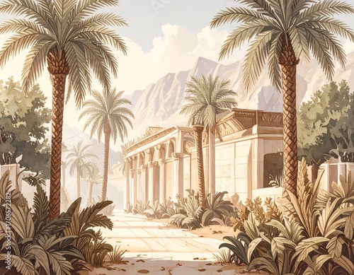 Sun-drenched path to ancient building amidst palms and mountains