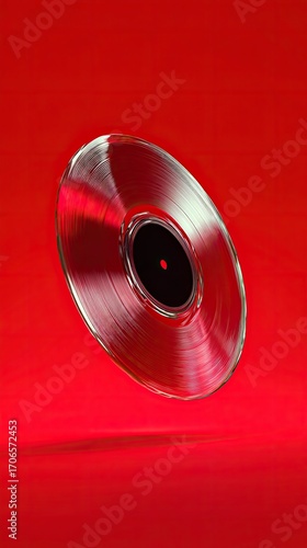 A silver vinyl record floats against a vibrant red backdrop, subtly reflecting light.  The image showcases the record's reflective surface and the contrast with the bold background color