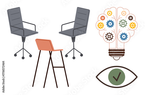 Office chairs, stool, lightbulb with gears symbolizing teamwork and innovation. Eye with checkmark for decision-making. Ideal for creativity, collaboration, organization, productivity, brainstorming