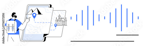 Man with backpack interacts with device displaying map, location pins, and landmarks. Sound waves suggest audio guidance. Ideal for navigation, tourism, travel planning, education, technology