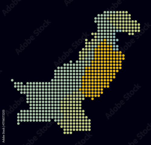 Pakistan dotted map. Digital style map of the country on dark background. Pakistan shape with circle dots. Colored dots style. Large size circles. Plain vector illustration.