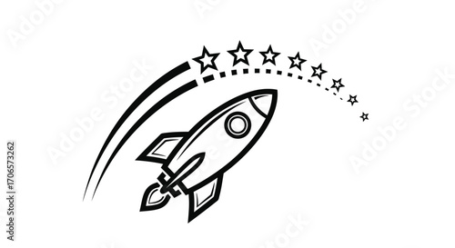 Whimsical rocket launching into the cosmos with starry celestial trail illustration