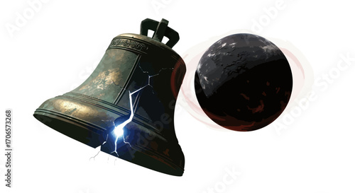 A celestial collision: The broken bell and a darkened planet create cosmic imbalance