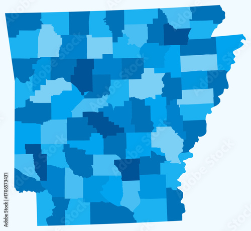 Map of Arkansas with counties. Just a simple state border map with county division. Light blue color palette. Blank State of Arkansas shape with administrative division. Vector illustration.