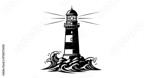Bold lighthouse illustration standing resilient amidst powerful ocean currents and crashing waves