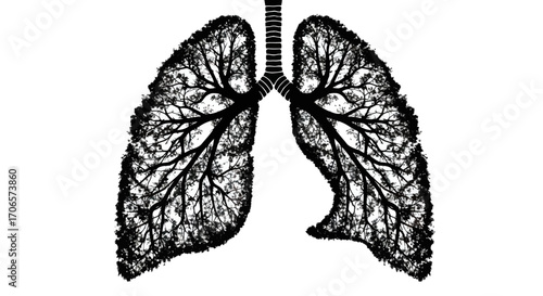 Conceptual artwork depicting human lungs formed by intricate tree branches isolated against a