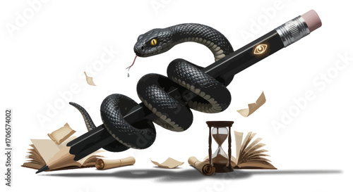 Creative block conceptual illustration with snake wrapped around writing pencil symbolizes struggle