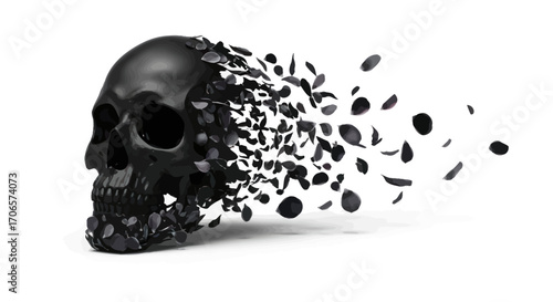 Dissolving monochrome skull with fragments drifting away on a stark white background