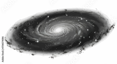 Dramatic monochrome rendition of a spiral galaxy showcasing cosmic grandeur and swirling nebulous
