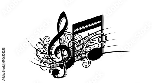 Elegant musical composition featuring a clef note amidst swirling decorative elements