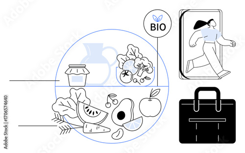 Organic fruits, vegetables, jar, pitcher, BIO badge, business bag, and walking. Ideal for balance health sustainability work-life harmony wellness organic products ecology. Simple flat metaphor