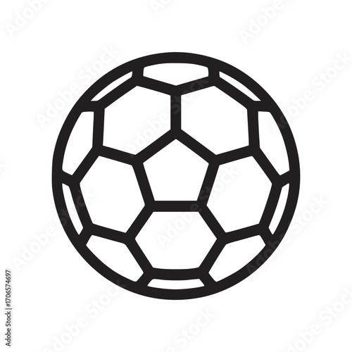 Vector art of a minimalist line art illustration of a soccer ball, the design features a clean, black outline of the ball, emphasizing its iconic pattern of hexagons and pentagons