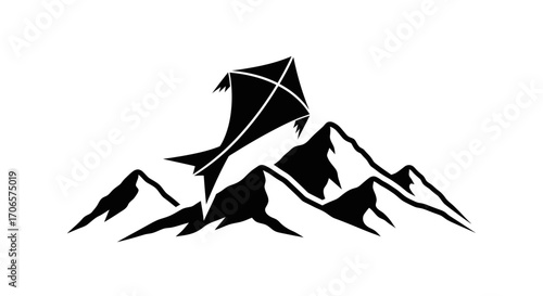 Minimalist design featuring a soaring kite against a backdrop of majestic mountain peaks