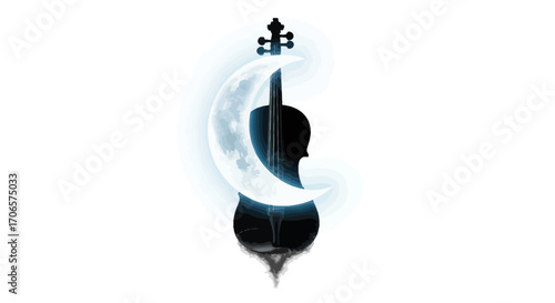 Melancholic serenade silhouette of a violin juxtaposed with ethereal glow of the moon backdrop