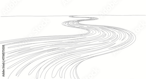 Minimalist line art depicting a winding river disappearing over the horizon line