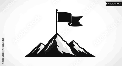 Monochrome mountain peak crowned with victory flag symbolizing triumph and achievement