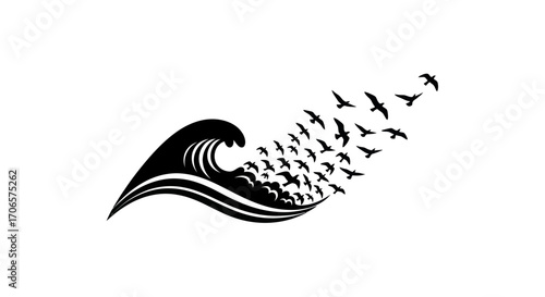 Monochrome ocean wave seamlessly morphing into a flock of soaring birds artistic conceptualization