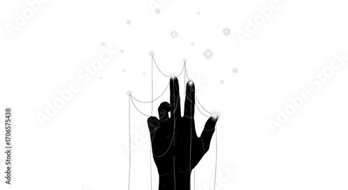 Silhouette hand with threads illustrating control manipulation and artificial reach conceptual