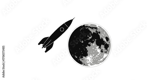 Silhouetted rocket ship soaring toward the moon, a minimalist and dreamy space exploration depiction