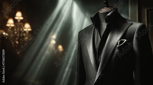 Elegant black fabric suit on mannequin, dramatic spotlight, luxury studio backdrop with deep shadows, high fashion editorial style