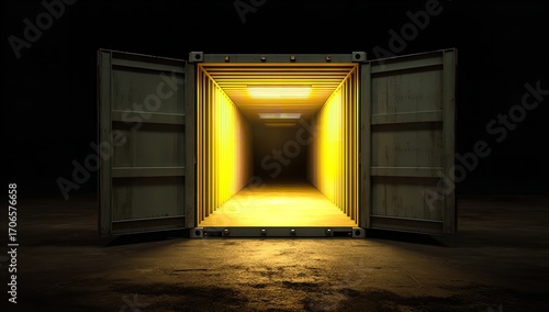 Glowing Interior of Cargo Container with Two Doors Open, Highlighted by Backlight on Dark Background