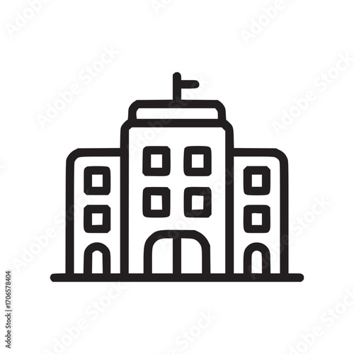 Illustration of a school building this minimalist design features a classic educational institution with windows, a flag, and architectural details, perfect for themes related to education, learning, 