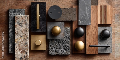 Interior Design Palette with Door Hardware, Wood, and Stone Samples Highlighting Black, Grey, Brown, and Brass Details