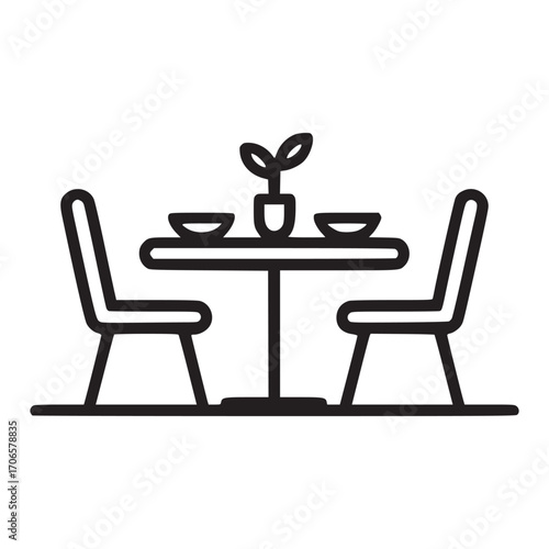 Illustration of a dining table this minimalist design features a table set for two with chairs, plates, and a plant centerpiece, perfect for themes related to dining, restaurants, and meals the clean 