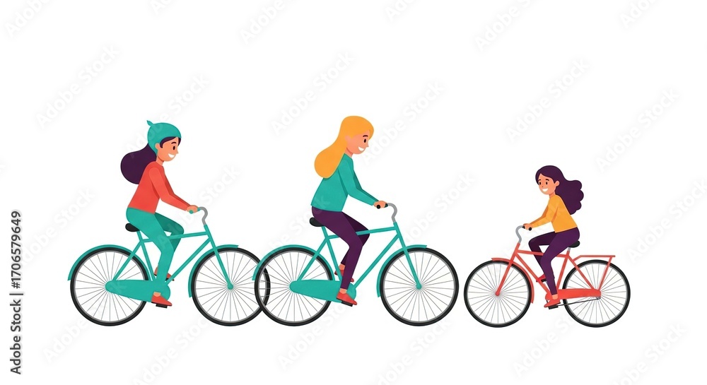 Fototapeta premium Three Happy Girls Riding Colorful Bicycles in Casual Clothes on White Background