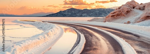 Lost highway curves through the vast Bonneville Salt Flats at sunset near Wendover, Utah