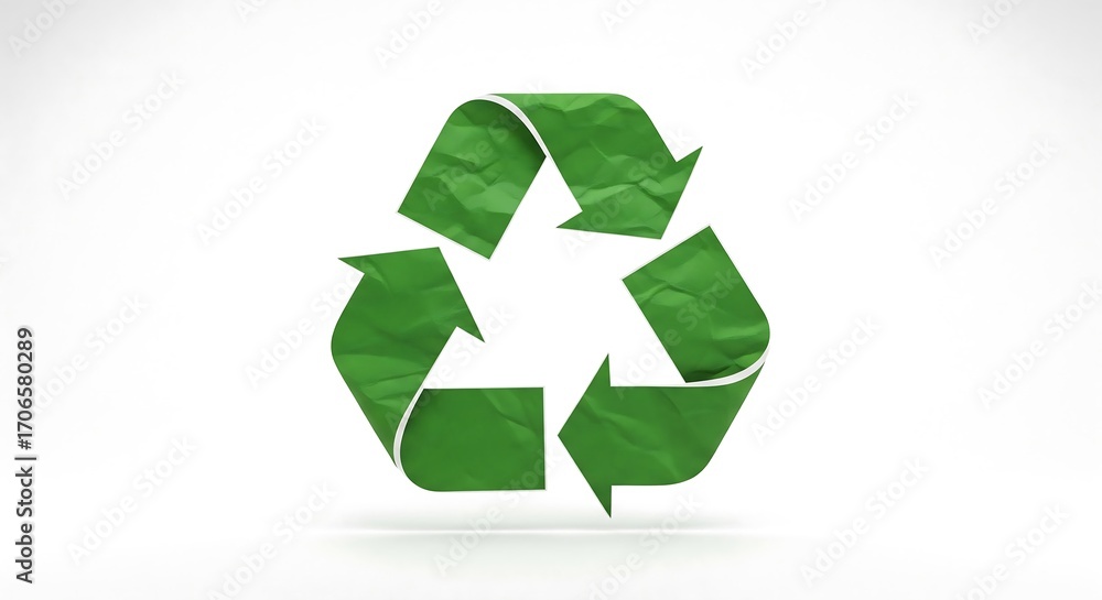 Obraz premium A textured green recycling symbol against a clean white background, representing environmental conservation.