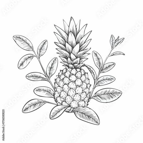 Pineapple Sage line art botanical herb illustration with vintage style