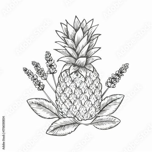 Pineapple Sage line art botanical herb illustration with vintage style
