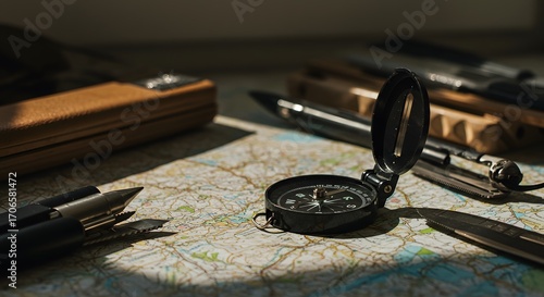 Outdoor Navigation Equipment with Compass and Map in Natural Light