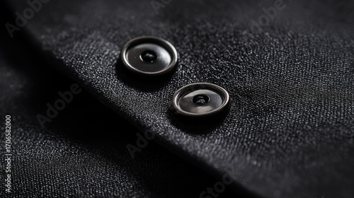 Close-up of tailored black wool suit texture, fine stitching details, premium fashion fabric illuminated with soft light