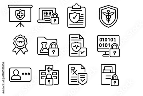 Medical and security outline icon set. healthcare, data protection symbols